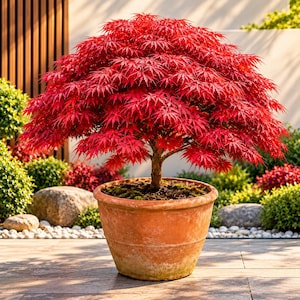 Op de afbeelding: Een levendige Japanse esdoorn met dichte, felrode, handvormige bladeren, een dikke, getextureerde bruine stam, geplant in een ronde, verweerde terracotta pot gevuld met donkere aarde en mos, staand op een lichtgekleurd stenen terras.