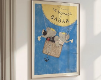 Vintage Babar The Elephant Print, Le Voyage De Babar Original Vintage Illustration, Kids Room Wall Decor, Vintage Nursery Art
