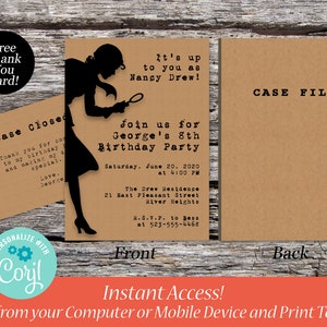 Nancy Drew Case File Birthday Party Invitation, Invite, Detective, Sleuth, Mystery, Digital Download, Instant Download, Printable