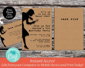 Nancy Drew Case File Birthday Party Invitation, Invite, Detective, Sleuth, Mystery, Digital Download, Instant Download, Printable