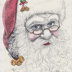 Santa With Bells On 5x7&quot; Black & White Hand-tinted Signed and Numbered Print Free Shipping