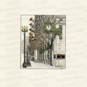Marshall Field&#39;s &quot;Holidays at Fields&quot; Hand-tinted Signed and Numbered Lithograph by Artist Marla Shega with Free Shipping