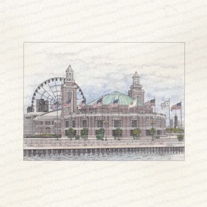 Chicago&#39;s Navy Pier Hand-tinted Lithograph..Free Shipping