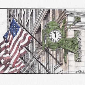 May include: A black and white drawing of a building with a large clock face. The clock face is green and has Roman numerals. The building is decorated with an American flag.