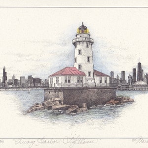 Chicago Harbor Lighthouse Hand-tinted Signed and Numbered Lithograph by Artist Marla Shega Free Shipping