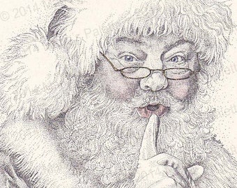 Santa Sshh B&W hand-tinted signed and numbered Lithograph by Artist Marla Shega Free Shipping