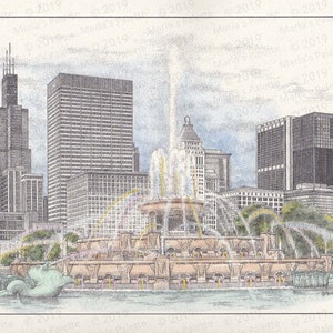Chicago&#39;s Buckingham Fountain Hand-tinted Signed and Numbered Lithograph by Artist Marla Shega Free Shipping