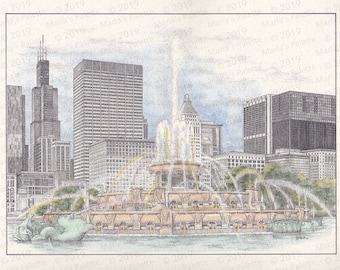 Chicago's Buckingham Fountain Hand-tinted Signed and Numbered Lithograph by Artist Marla Shega Free Shipping