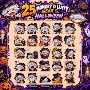 May include: A digital sticker sheet featuring 25 illustrations of Monkey D. Luffy in Gear 5 form, dressed as a witch for Halloween. The characters have white curly hair and black hats with pumpkins. Text includes 25 MONKEY D LUFFY GEAR 5 HALLOWEEN.