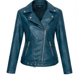May include: A teal faux leather motorcycle jacket featuring an asymmetrical silver-tone zip closure, notched lapels with silver studs, two zipped side pockets, and a buckled belt at the hem. The interior label reads STTERMROOK.
