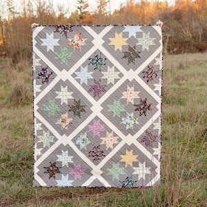 May include: A gray and white quilt with a star pattern. The quilt features a grid design with star-shaped blocks in various colors, including pink, yellow, and blue. The quilt is displayed outdoors in a field.