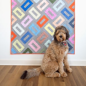 May include: A colorful quilt with a geometric pattern of overlapping squares in shades of blue, pink, yellow, orange, and green. A brown and white dog sits in front of the quilt.