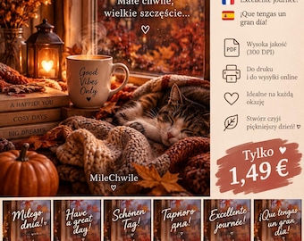 Autumn Greeting Card Set, 6 Languages, Cozy Fall Digital Card, Instant Download, Printable Card