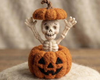 Nålfiltad pumpaskelett Halloween ullfiltdekoration kuslig pumpafigur handgjord höstheminredning gotisk halloweenpresent