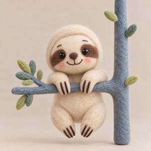 Puede incluir: Una figura de perezoso de lana fieltrada de color crema con parches marrones en los ojos y mejillas rosadas, colgada de una rama de árbol azul de fieltro con pequeñas hojas verdes. El perezoso tiene garras marrones y una boca sonriente.