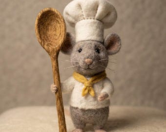Felt Mouse Chef Doll Handmade Wool Felted Mouse Cute Kitchen Decor Miniature Chef Figurine Woodland Animal Gift Cottagecore Home Decor