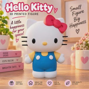 Op de afbeelding: Een 3D-geprint Hello Kitty figuur met een witte kop, een rode strik, zwarte ogen, een gele neus en zwarte snorharen. Het figuur draagt een blauwe tuinbroek met gele mouwen en witte knopen. De tekst op de afbeelding luidt Hello Kitty.