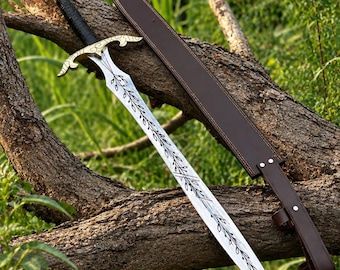 Handcrafted Fantasy Longsword | Medieval Sword | Engraved Leaf Design Blade Ornate Guard| Collector Decor