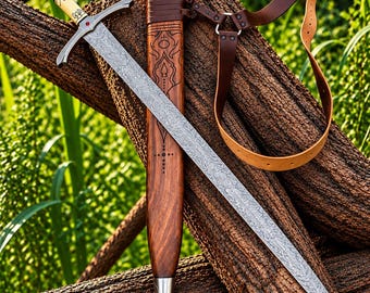 Handmade Medieval Elven Viking Sword Damascus Blade Bone Engraved Handle Christmas gifts