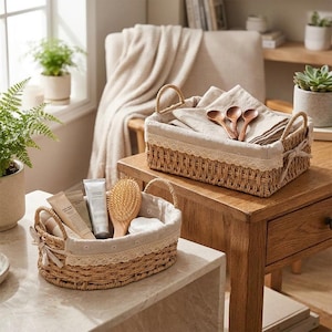 May include: Two woven seagrass baskets with beige fabric liners and lace trim. The rectangular basket holds three wooden spoons and a linen cloth. The oval basket contains two tubes of cream, a wooden hairbrush, and a white cotton pad.