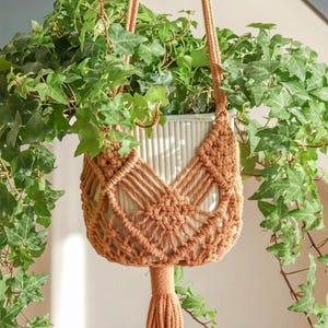 May include: A white, vertically ribbed cylindrical planter held by a terracotta-colored macrame hanger. The hanger features intricate knotted patterns and a long tassel at the bottom. A lush, trailing green ivy plant fills the planter.