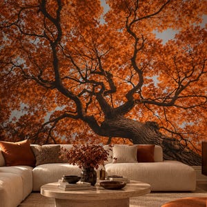 Autumn Tree Wallpaper Mural, Dramatic Orange Forest Wall Mural, Large Scale Botanical Nature Wallpaper