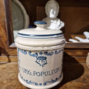Può includere: Un vaso da farmacia cilindrico in ceramica con coperchio abbinato, caratterizzato da una smaltatura color crema e bordi decorativi dipinti a mano in blu. Il fronte presenta un emblema blu a forma di cuore con una croce e la scritta UNG. POPULEUM.
