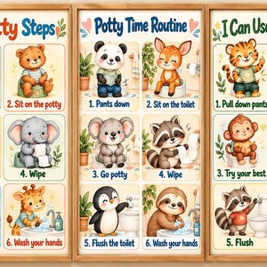 Set di 3 poster per l'addestramento al vasino, decorazioni da parete per il bagno dei bambini, poster stampabili con le fasi dell'addestramento al vasino a tema animali, decorazioni per l'addestramento all'uso del WC.