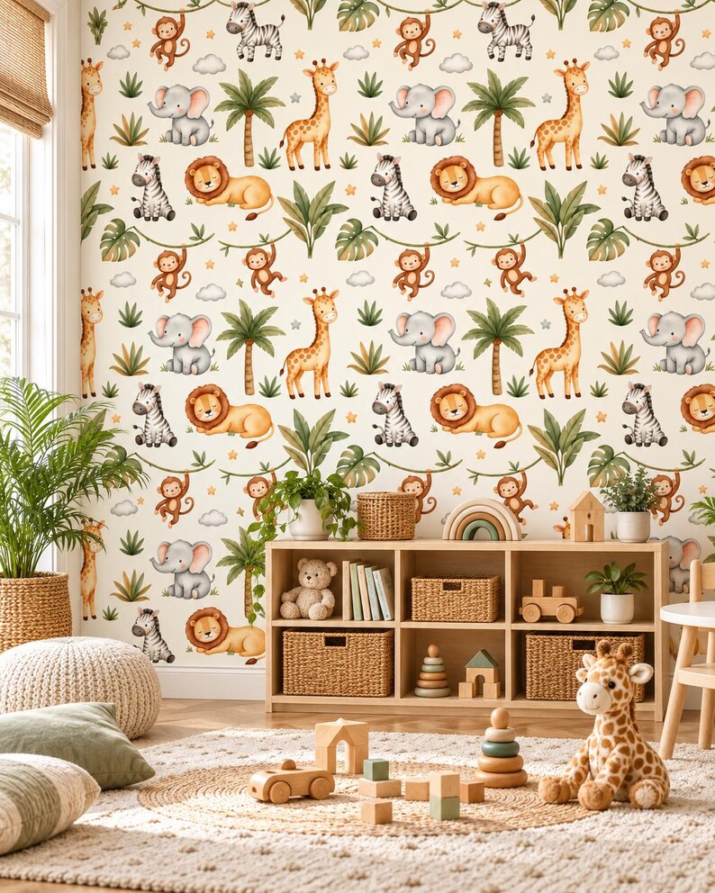 Safari Wallpaper With Watercolor Animals for Nursery and Kids’ Rooms ...