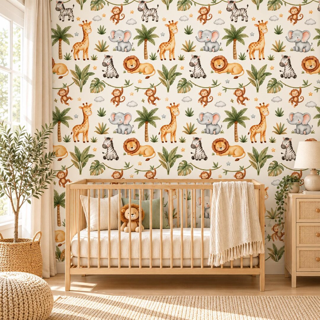 Safari Wallpaper With Watercolor Animals for Nursery and Kids’ Rooms ...