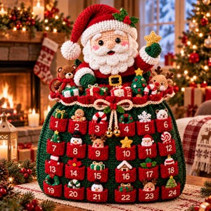 May include: A crochet Santa Claus figurine sits atop a dark green advent calendar bag. The bag features twenty-four red pockets, each numbered and containing small crocheted holiday ornaments like snowmen, trees, and gifts.