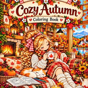 Puede incluir: Un libro para colorear titulado A Cozy Little World Cozy Autumn Coloring Book con una ilustración de una persona de cabello largo y ondulado sosteniendo una taza con diseño de hoja de arce, sentada en un sofá con un gato, calabazas y decoración otoñal.