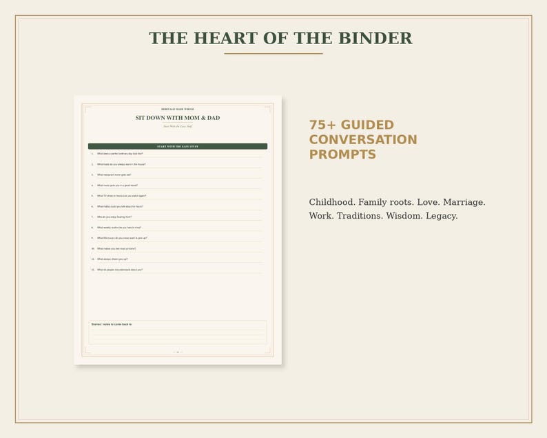 May include: A cream-colored page titled THE HEART OF THE BINDER featuring the heading SIT DOWN WITH MOM & DAD. The page includes 75+ GUIDED CONVERSATION PROMPTS covering childhood, family roots, love, marriage, work, traditions, wisdom, and legacy.