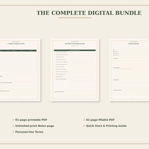 May include: A digital bundle featuring three printable document templates with cream backgrounds and dark green headers. The pages are titled Current Medications, Sit Down With Mom & Dad, and Family Recipe. Text includes 81-page printable PDF, 81-page fillable PDF, Unlimited-print Notes page, and Quick Start & Printing Guide.