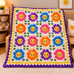 May include: A handmade crochet blanket featuring a grid of sixteen square motifs, each displaying a colorful flower with a smiling face. The flowers are in shades of pink, purple, blue, and orange, bordered by a yellow and purple scalloped edge.