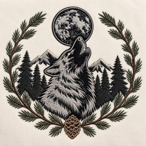 Raven Moon Embroidery Design, Gothic Woodland, Blackwork, Mountain Forest, Vintage, Mystical, Nature (Digital File)