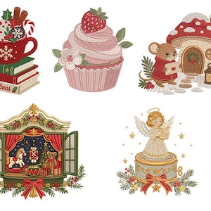 May include: A collection of five embroidered designs featuring a red mug of cocoa on books labeled Christmas, a strawberry cupcake, a mouse at a mushroom house, a window scene with a nutcracker and toys, and an angel on a music box.
