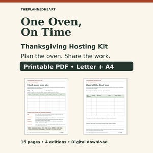 Può includere: Un kit per l'organizzazione del Ringraziamento intitolato One Oven, On Time di THEPLANNEDHEART. Il PDF stampabile include 15 pagine in 4 edizioni nei formati Letter e A4, con tabelle per la gestione del forno e modelli di attività.