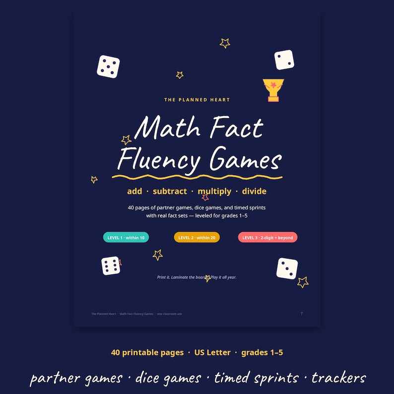 Math Fact Fluency Games for Grades 1-5 | 40 Printable Partner, Dice ...