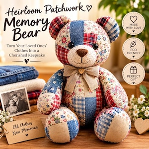 Memory Bear Sewing Pattern PDF, Patchwork Teddy Bear Pattern, Keepsake Bear Template, Instant Download, A4 US Letter, DIY Sewing Tutorial