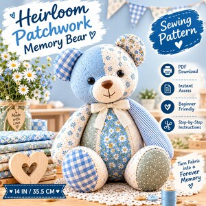 Memory Bear Sewing Pattern PDF, Heirloom Patchwork Teddy Bear, Keepsake Bear Pattern, Memorial Bear, Stuffed Animal, A4 & US Letter Template image 2
