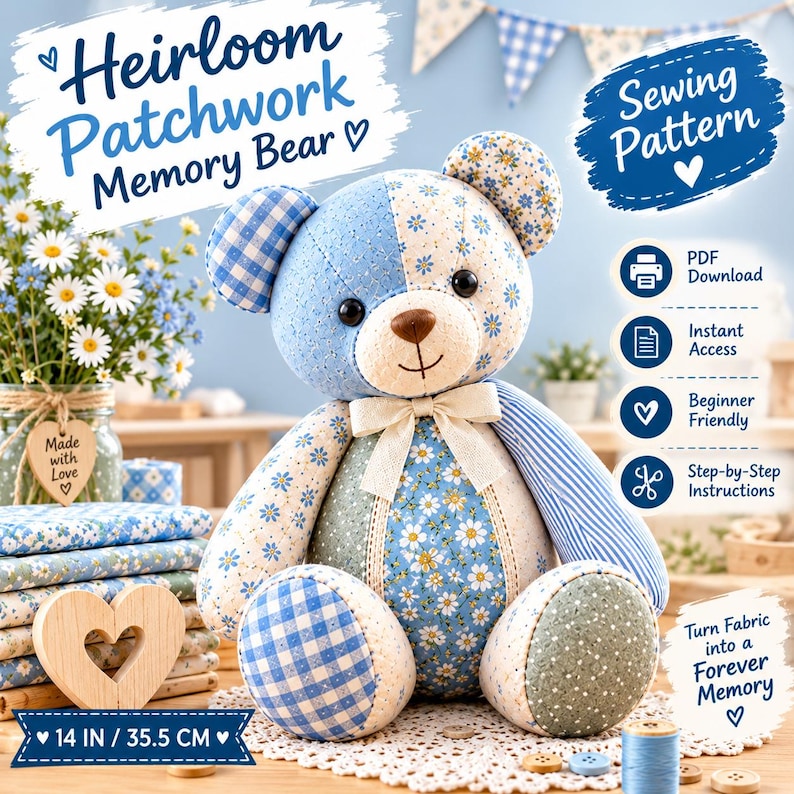 Memory Bear Sewing Pattern PDF, Heirloom Patchwork Teddy Bear, Keepsake Bear Pattern, Memorial Bear, Stuffed Animal, A4 & US Letter Template image 2