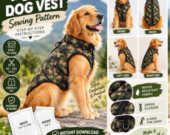 DIY Quilted Dog Vest Sewing Pattern, Zip Front Puffer Coat (PDF Download)
