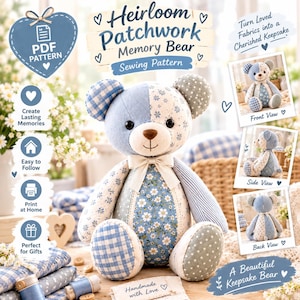 Memory Bear Sewing Pattern, Patchwork Teddy Bear PDF, Fabric Keepsake
