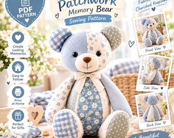 Memory Bear Sewing Pattern, Patchwork Teddy Bear PDF, Fabric Keepsake