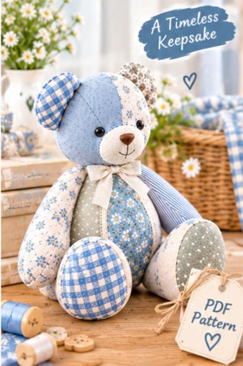 May include: A patchwork teddy bear crafted from various blue and white fabrics featuring floral, gingham, and striped patterns. The bear has a cream-colored muzzle, a brown nose, and a cream ribbon bow. A tag attached to the bear reads PDF Pattern.