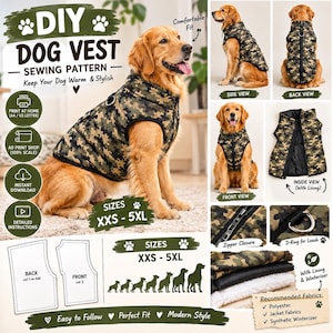 May include: A DIY dog vest sewing pattern featuring a camouflage print vest on a golden retriever. The image includes side, back, front, and inside views, a zipper closure, a D-ring for a leash, and pattern pieces for sizes XXS to 5XL.