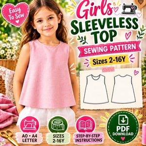 May include: A sewing pattern for a sleeveless top in sizes 2-16Y. The image features a pink sleeveless top, a technical line drawing of the garment, and icons for A0, A4, and letter paper sizes, step-by-step instructions, and a PDF download.