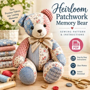 Patrón de costura para osito de peluche de patchwork, tutorial para osito de peluche de recuerdo (PDF)