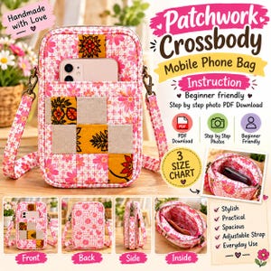 Puede incluir: Un bolso bandolera de patchwork para teléfono móvil con estampado floral en rosa, naranja y beige. El bolso incluye una correa ajustable, un bolsillo frontal y un compartimento principal con cremallera. El texto incluye Patchwork Crossbody Mobile Phone Bag.